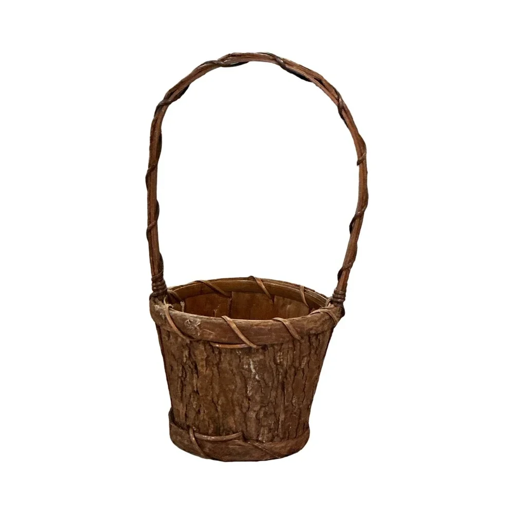 Vintage Rustic Tree Bark Basket with Tall Handle 10.5 Inch Brown Woodland Decor
